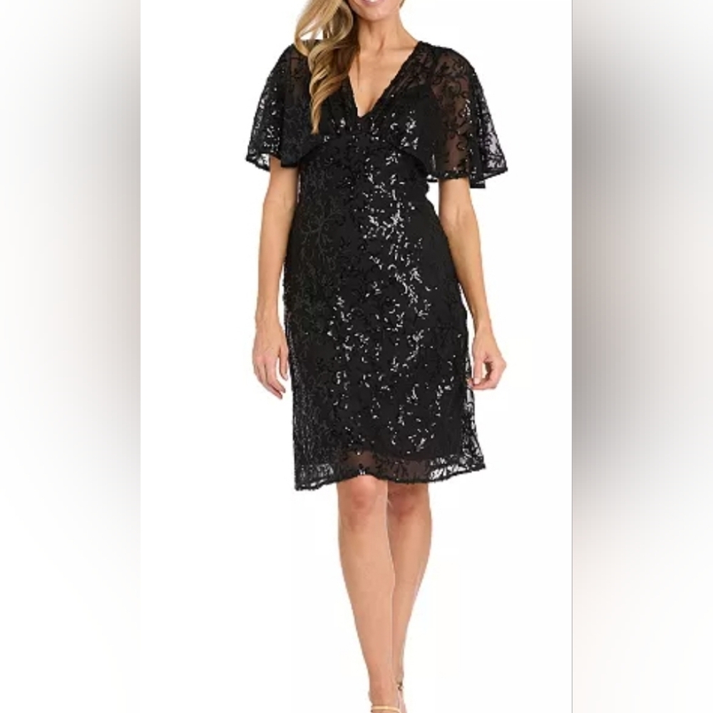 NWT Black Sequin Flutter Sleeve Cocktail Dress Flattering Size 6P LBD